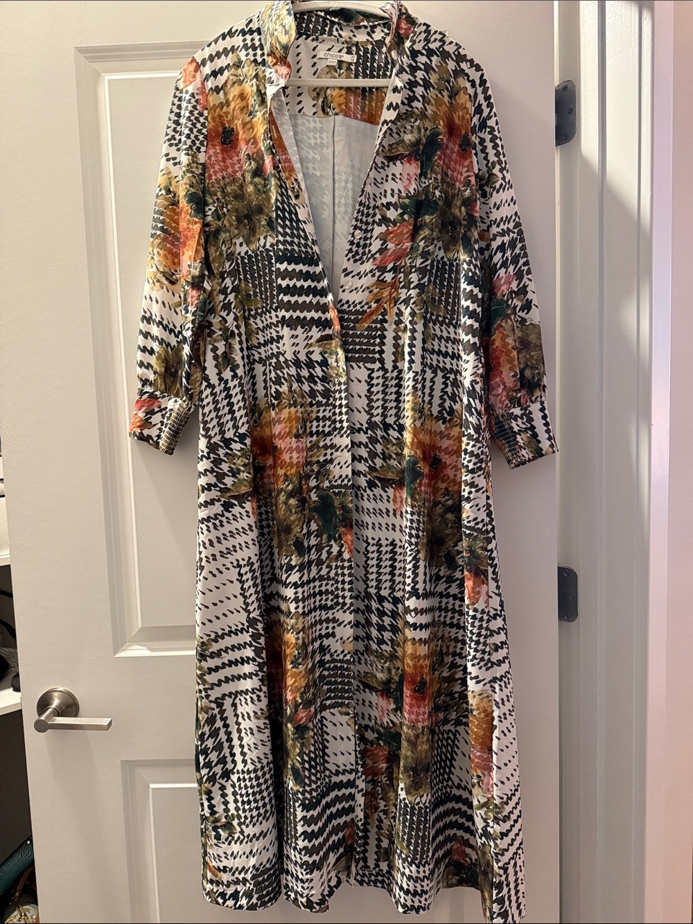 Chico's White Houndstooth Maxi Dress with Multicolor Floral Print